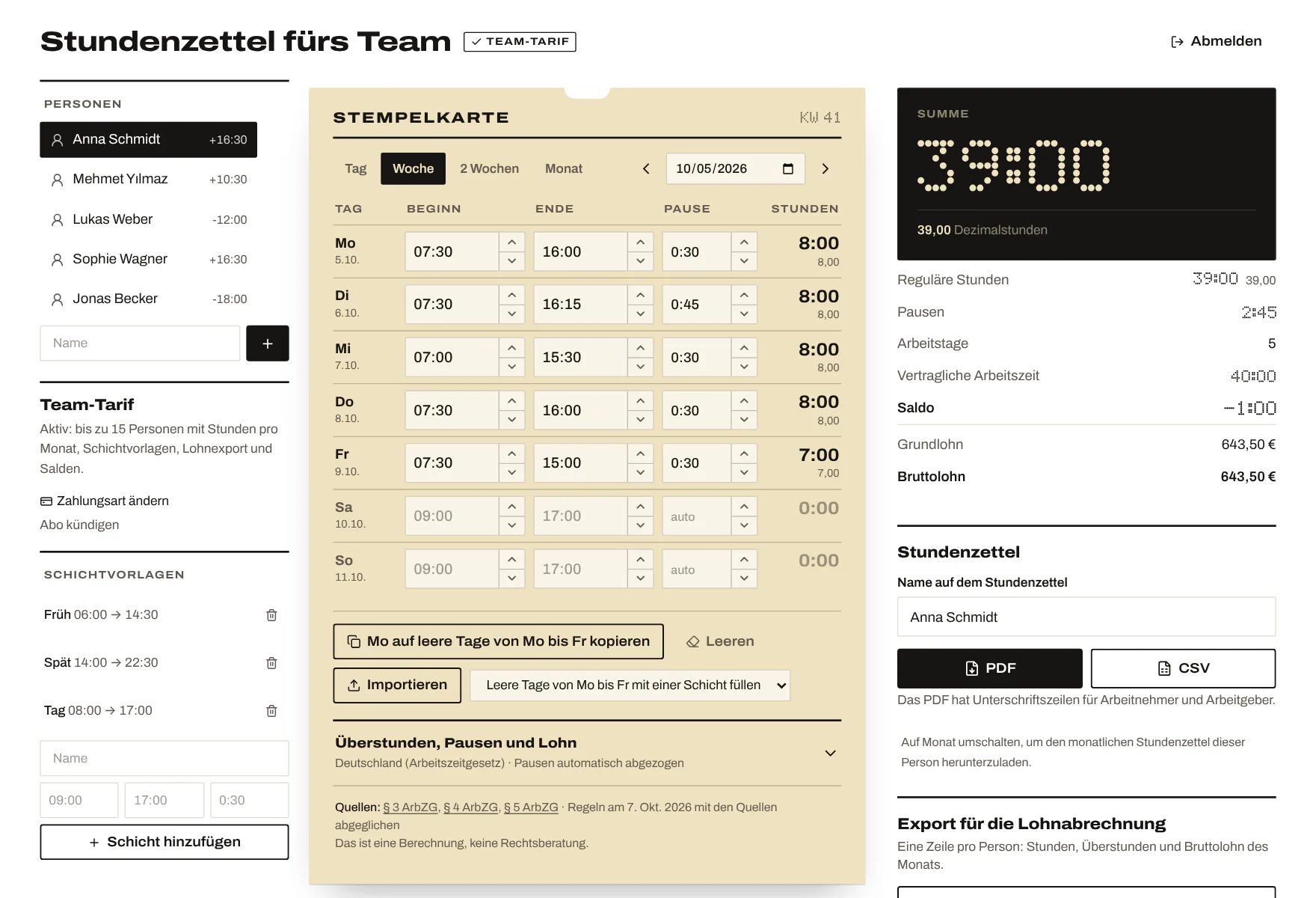 Die Team-Version: eine Stempelkarte pro Person, Summen, Lohn und der Export für die Lohnabrechnung