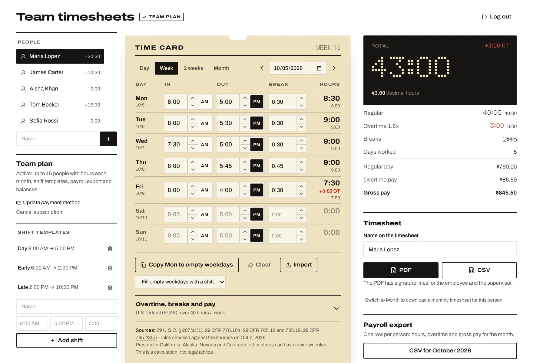 The team app: one time card per person, totals, pay and the payroll export